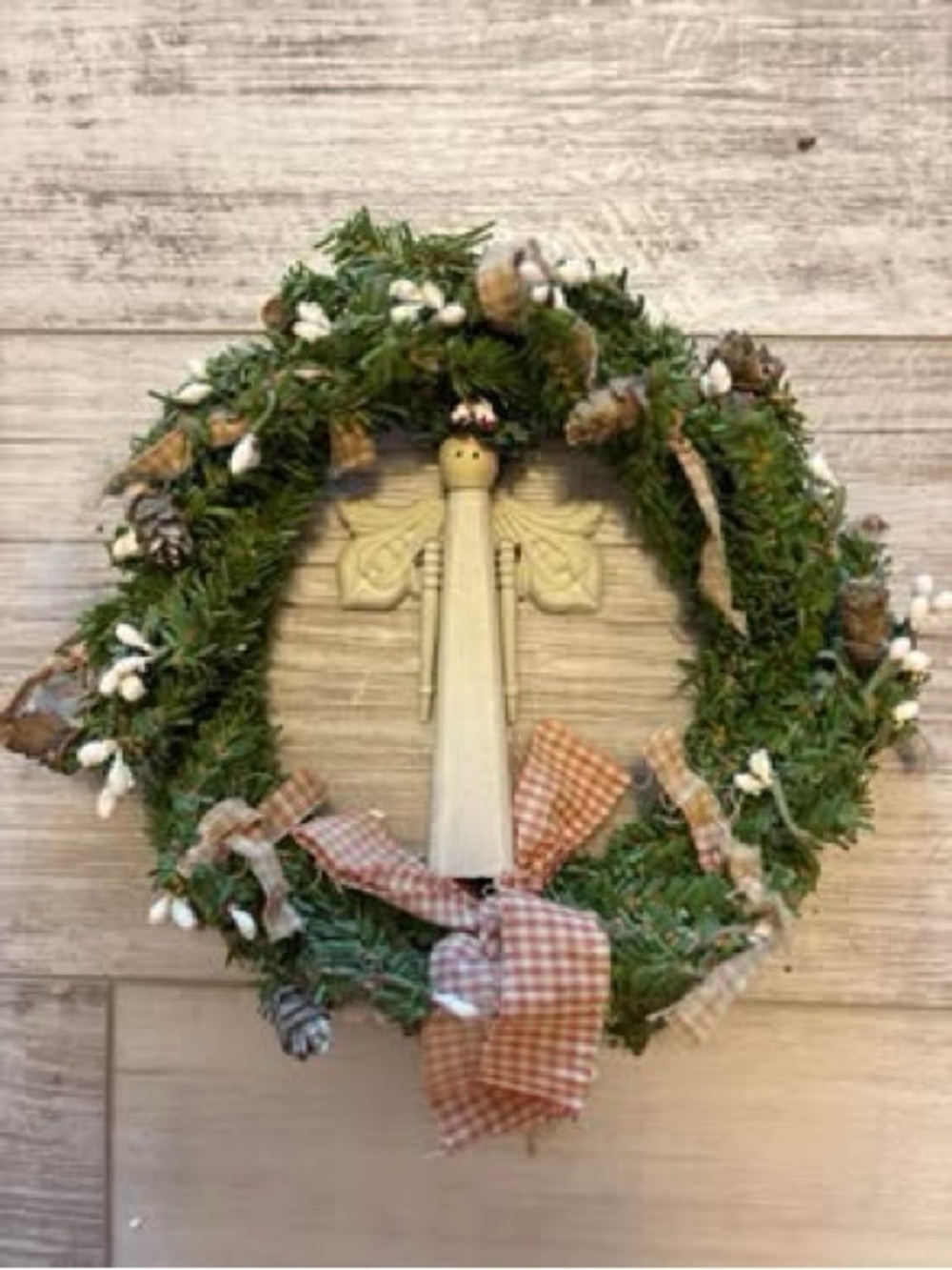 Rustic Green Holiday Wreath with Cream Angel and Tan Gingham Bow